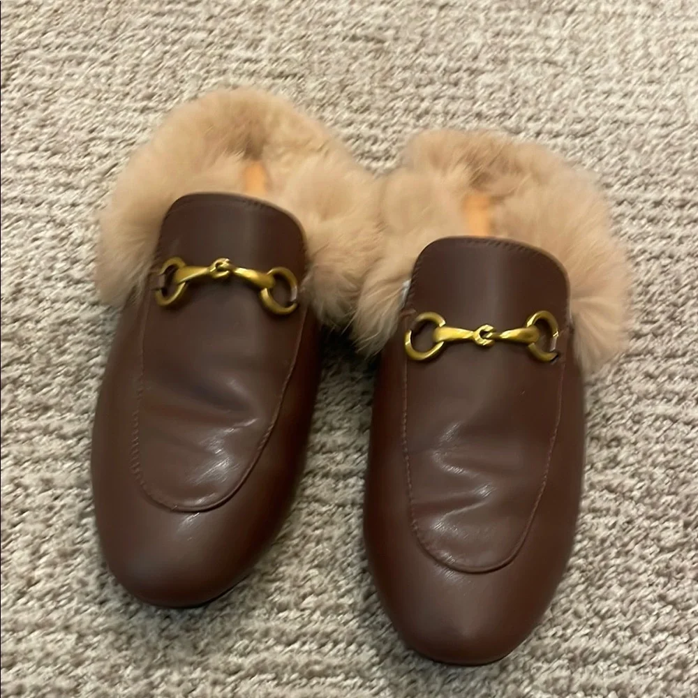 Brown Leather Fur-Lined Loafers - Picture 1 of 6